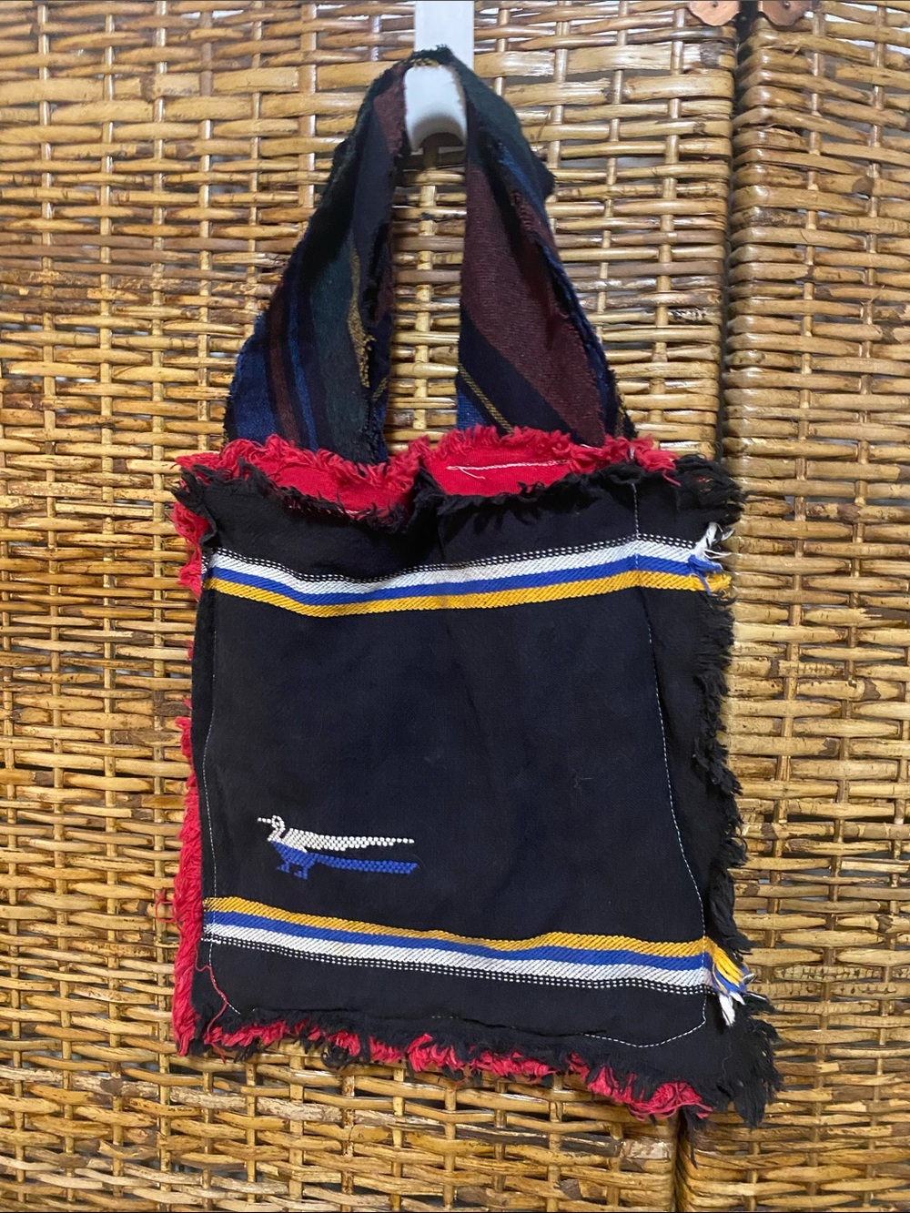 Vintage Southwestern Handwoven Chimayo Wool Blanket Tote Bag - Roadrunner Fringe